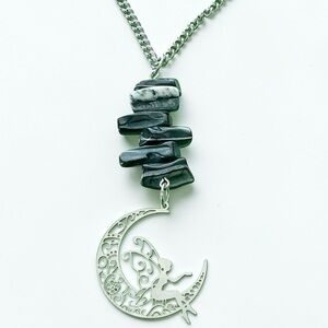 🆕 Fairy on the Moon and Large Black Obsidian Gemstones Pendant Necklace LAST ONE